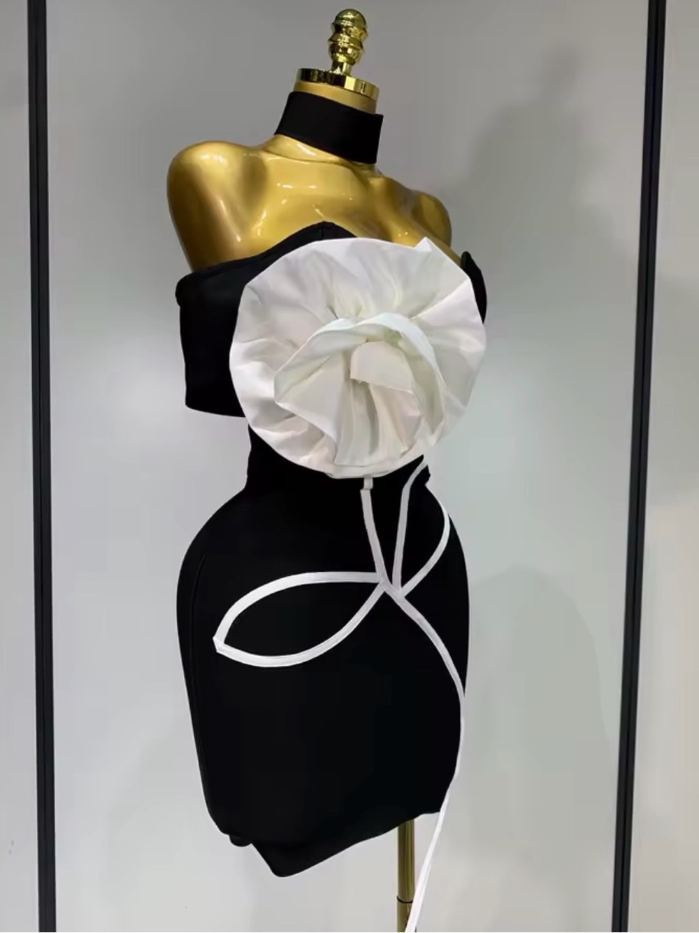 Strapless Black Mini Dress with White Floral Accent
